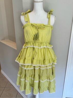 Forever Unique Mini Dress with Ruffles in Lime and White Size Large